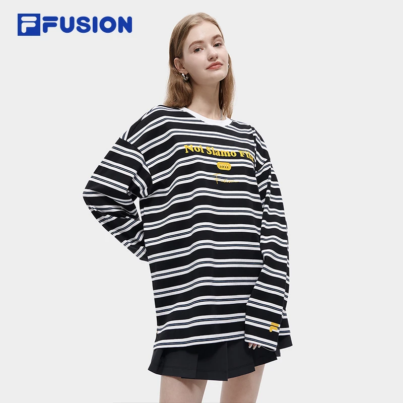 FILA/斐乐情侣条纹薄款运动宽松圆领男女同款长袖上衣流光风