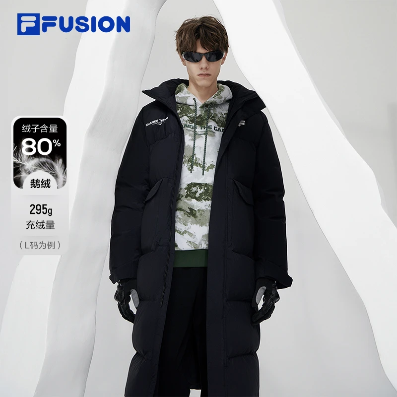 FILA斐乐潮牌新品情侣长款羽绒服过膝百搭保暖厚实鹅绒连帽羽绒服