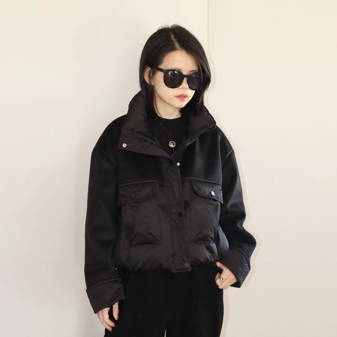 2024冬季新款韩羊绒版拼接羽绒服女短款加厚保暖立领时尚休闲外套