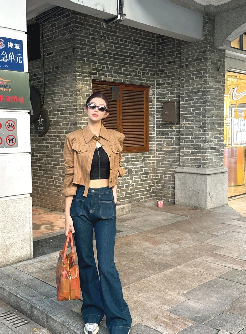 【燕哥家】新款 翡翠绿四面弹喇叭裤 气质百搭显瘦牛仔裤