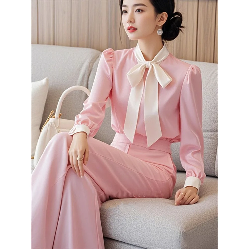 春秋法式复古文艺温柔小香风蝴蝶结衬衫收腰阔裤腿时尚洋气两件套