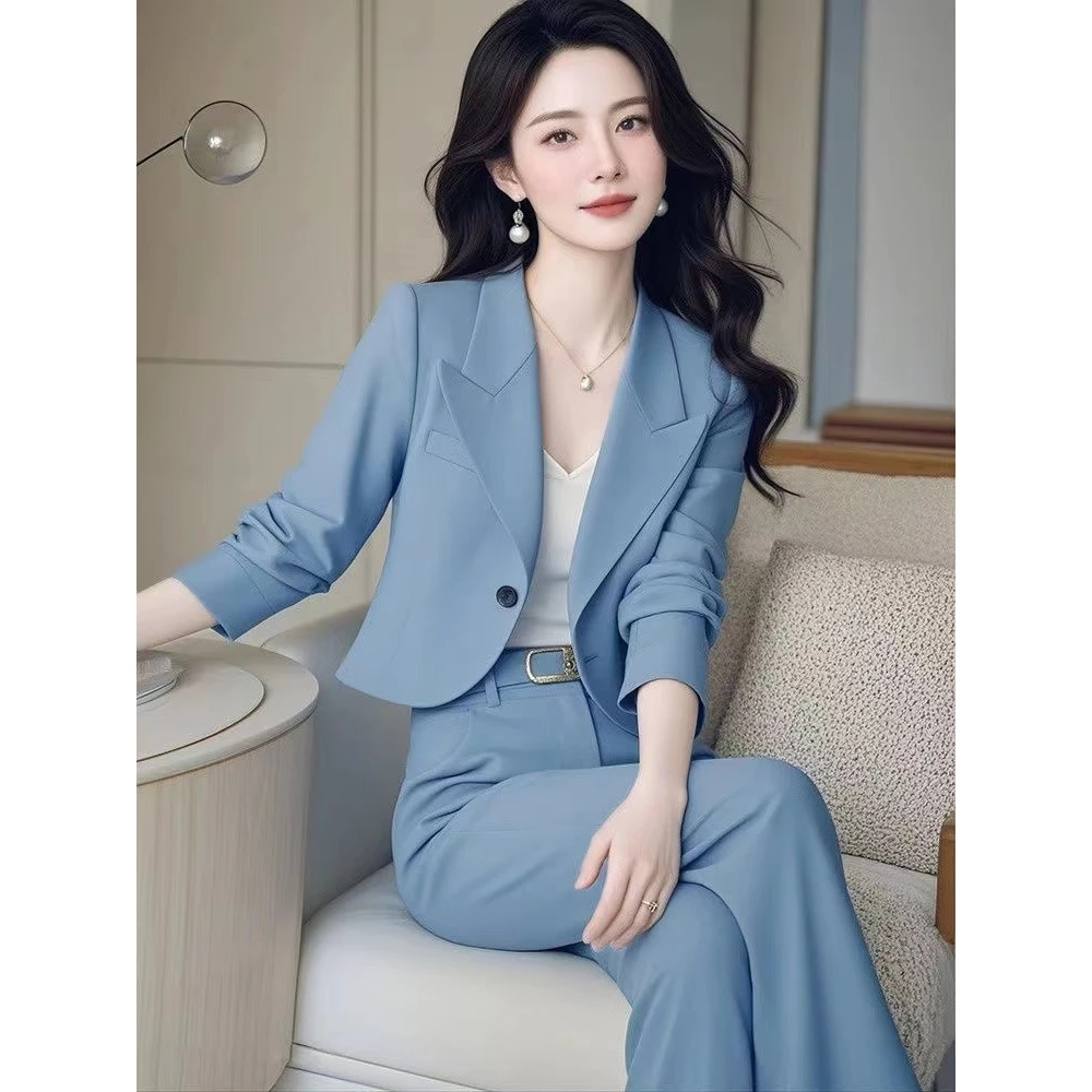 上班通勤穿搭职业高级感超好看休闲蓝色西装两件套装裤女早秋新款
