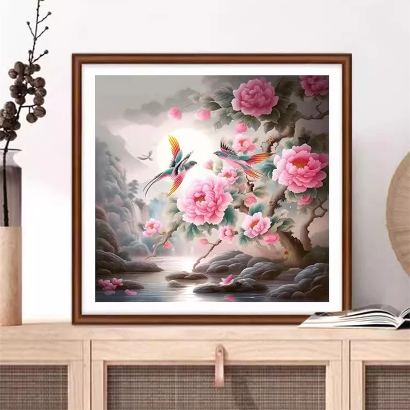 十字绣喜鹊牡丹山河图2024新款线绣客厅书房新中式花鸟风景34色