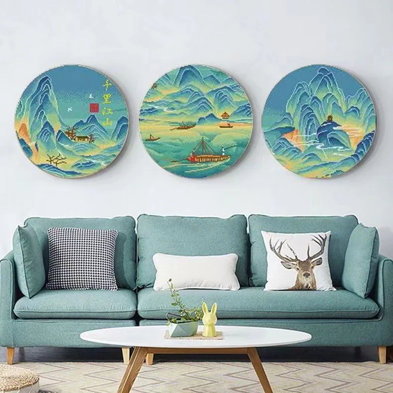 十字绣三联千里江山圆形线绣客厅简单小件新手新中式大格30色满绣