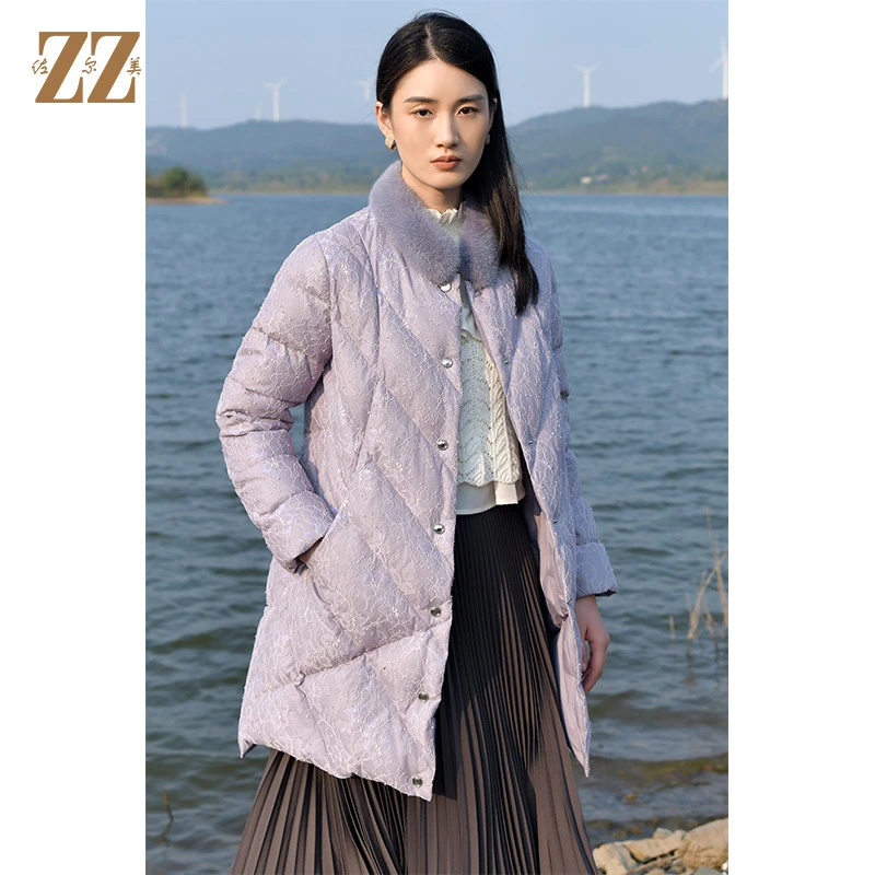 佐尔美秋冬新款 绣花水貂毛领立领百搭保暖冬季羽绒服女E14YM19