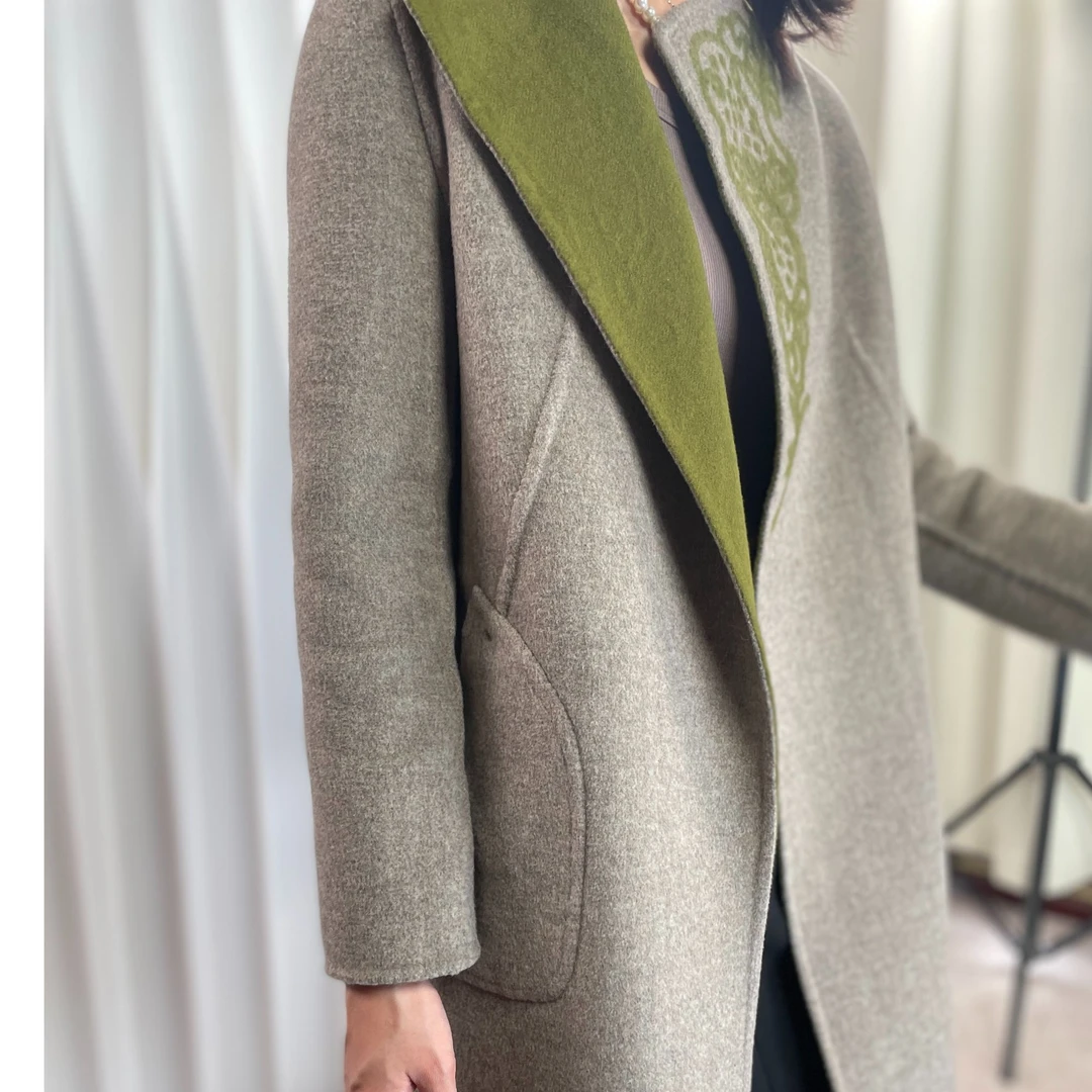 佐尔美女装毛呢外套长款双面呢子大衣拼接上衣外套女E64SM16