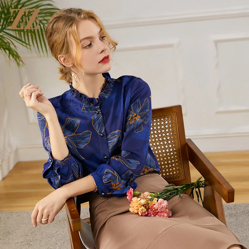 佐尔美2021秋季桑蚕丝荷叶领气质百搭真丝衬衣E13CS33-0915