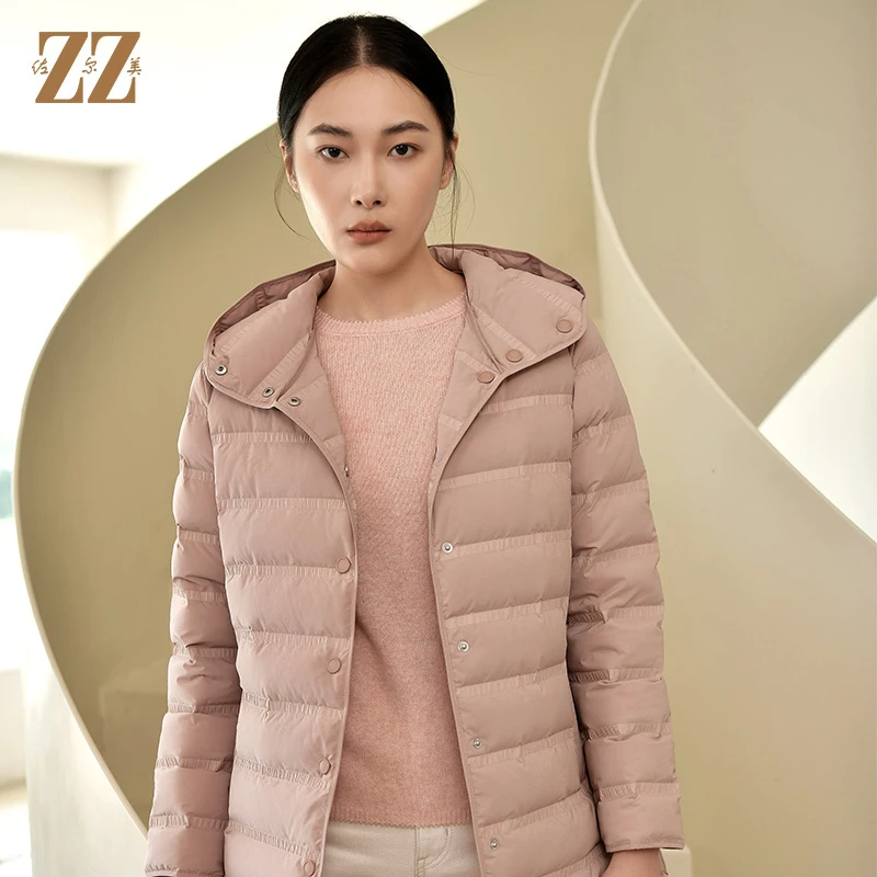 佐尔美2022冬季新款 气质横条压线保暖休闲连帽羽绒服女E24YY25