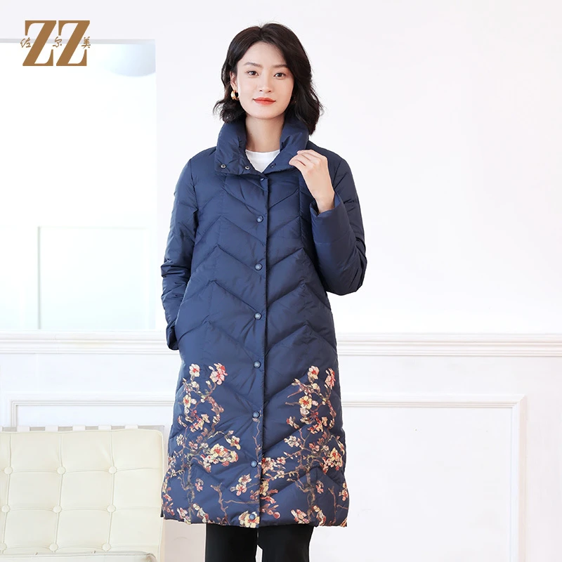 佐尔美冬季新款 时尚简约花纹图案中长款羽绒服女E14YY26