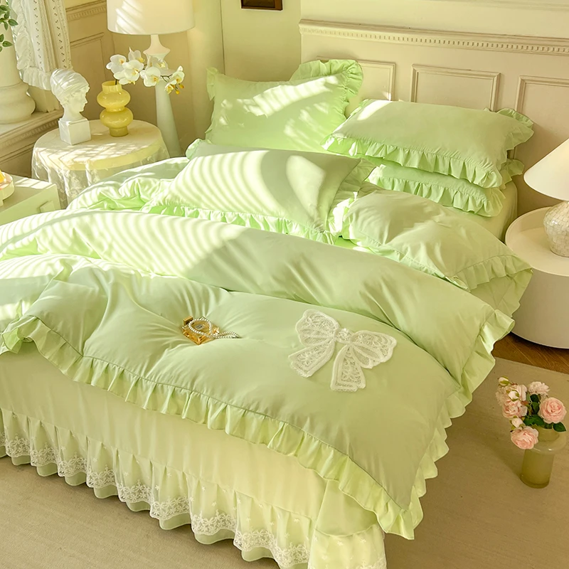 2024新款网红公主风蕾丝纯色四件套韩版少女心小清新荷叶边四件套