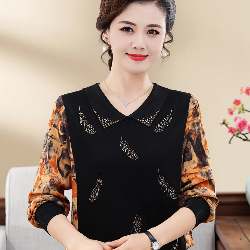 妈妈秋装长袖针织长袖打底衫阔太太时尚t恤中老年洋气秋衣女外穿
