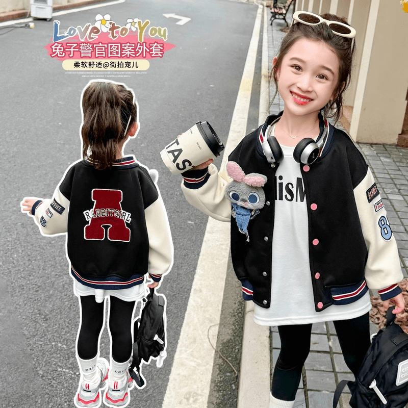 女童棒球服外套2024秋季新款拼色印花时尚洋气立领开衫高能感上衣
