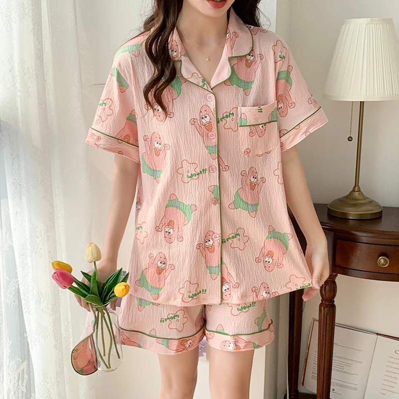 派大星海绵宝宝卡通纯棉绉布睡衣女夏季短袖新款可爱家居服送眼罩