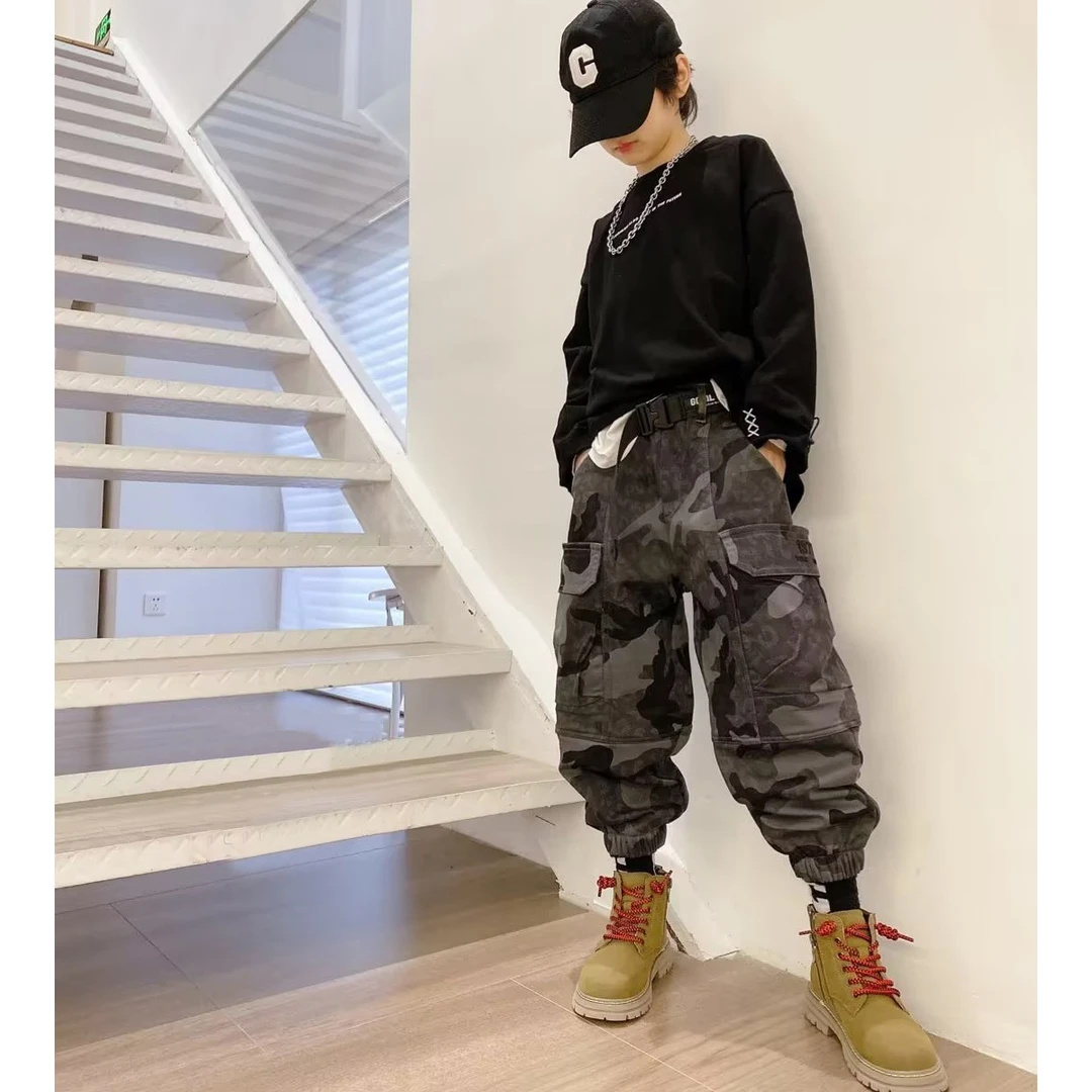 JOOJOO童装军灰色潮酷个性时尚一体绒裤子迷彩加绒工装裤13431888