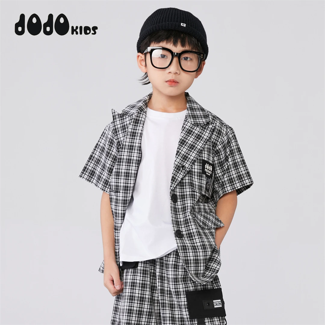jojo童装男童夏季短袖西装外套中大儿童格子潮牌薄款上衣12211247