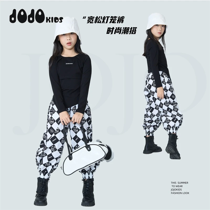 JOOJOO童装女童新款休闲长裤儿童宽松束脚格子透气裤子13224197