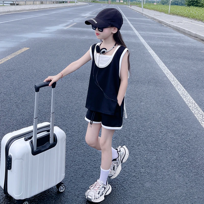 女童夏季新款运动三件套中大童时尚洋气时尚背心短裤休闲套装夏装