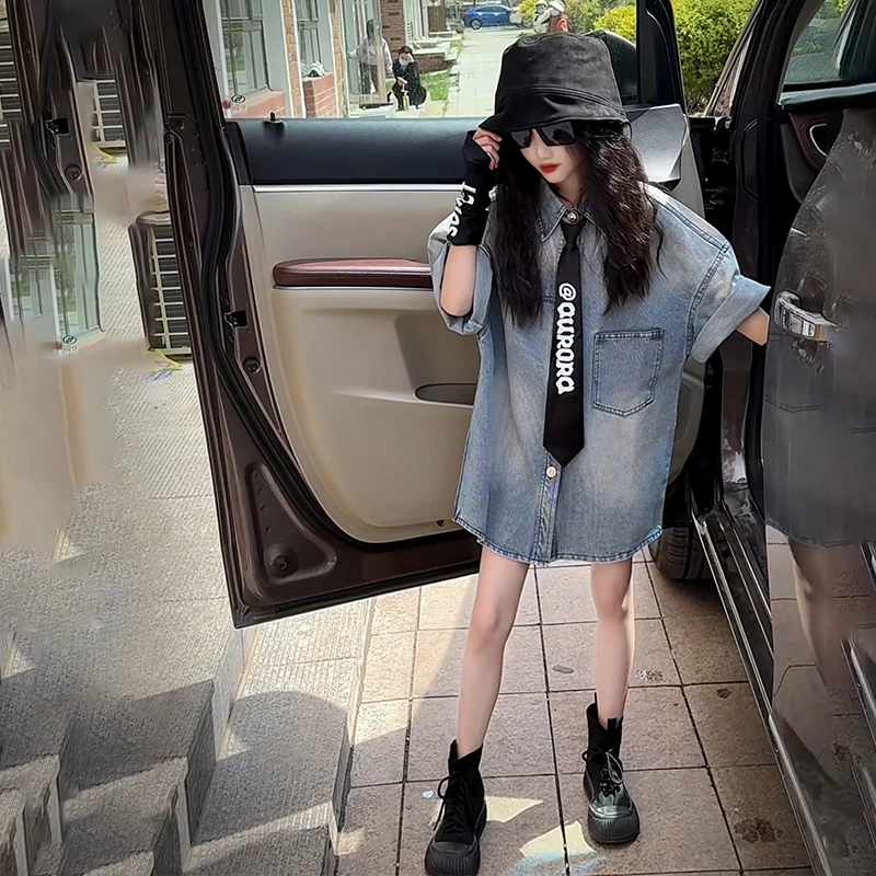 小众设计感潮牌宽松衬衣女童欧美夏季个性拉链中长款水洗牛仔衬衫