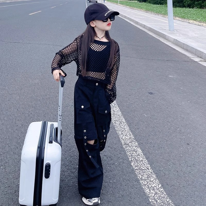 女童甜辣薄款针织吊带防晒罩衫夏2025新款休闲阔腿工装裤两件套潮