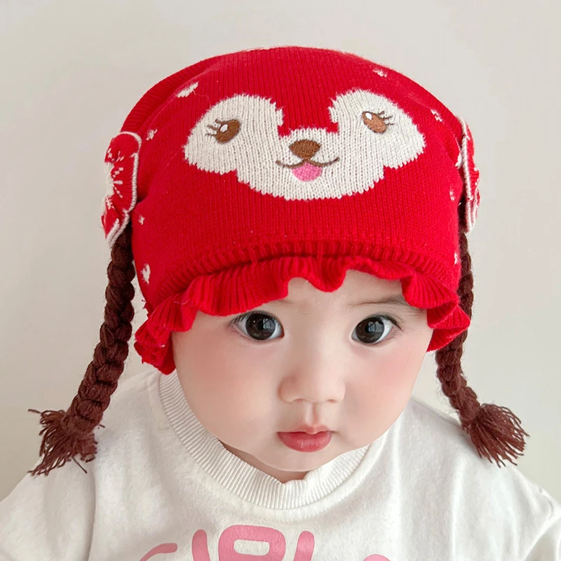 婴儿帽子冬季加里假发辫子帽22新款男女宝宝帽子儿童针织毛线帽子