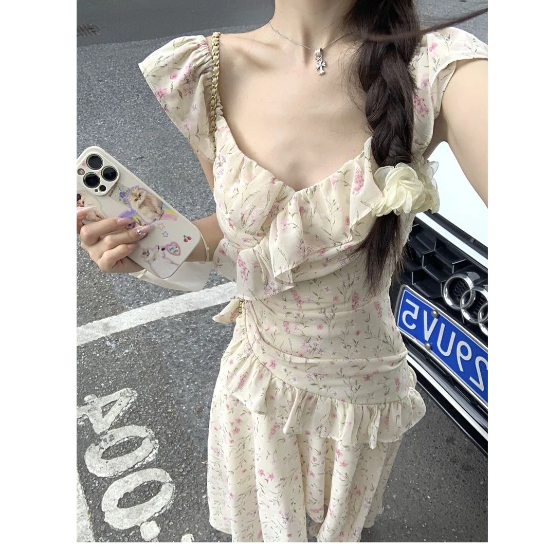 气质满格~SHEYAN甜美飞袖碎花吊带连衣裙女设计感度假风仙女长裙