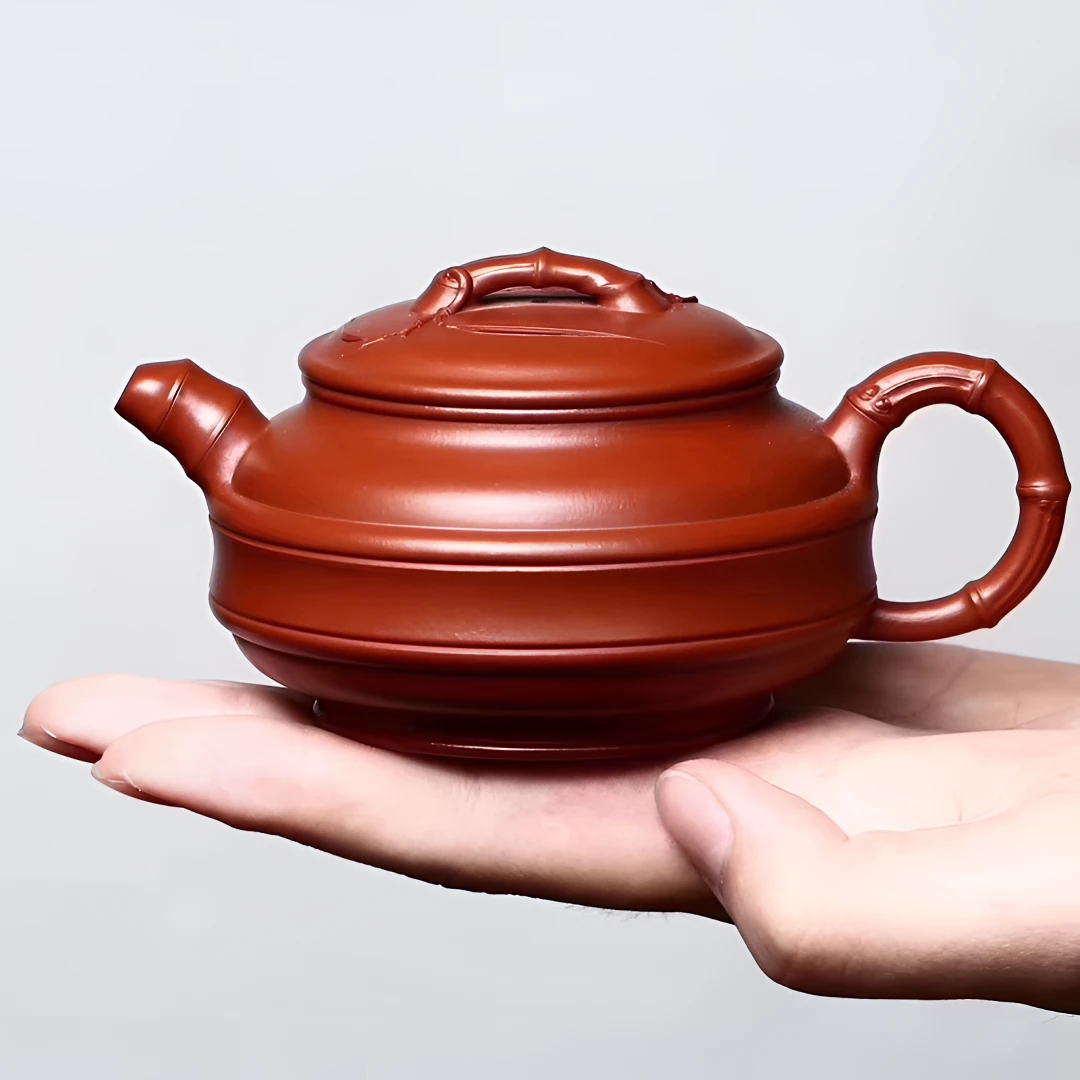 宜兴龙德堂汤宣武双线竹鼓原矿紫砂朱泥大红袍竹器圆茶壶约220cc