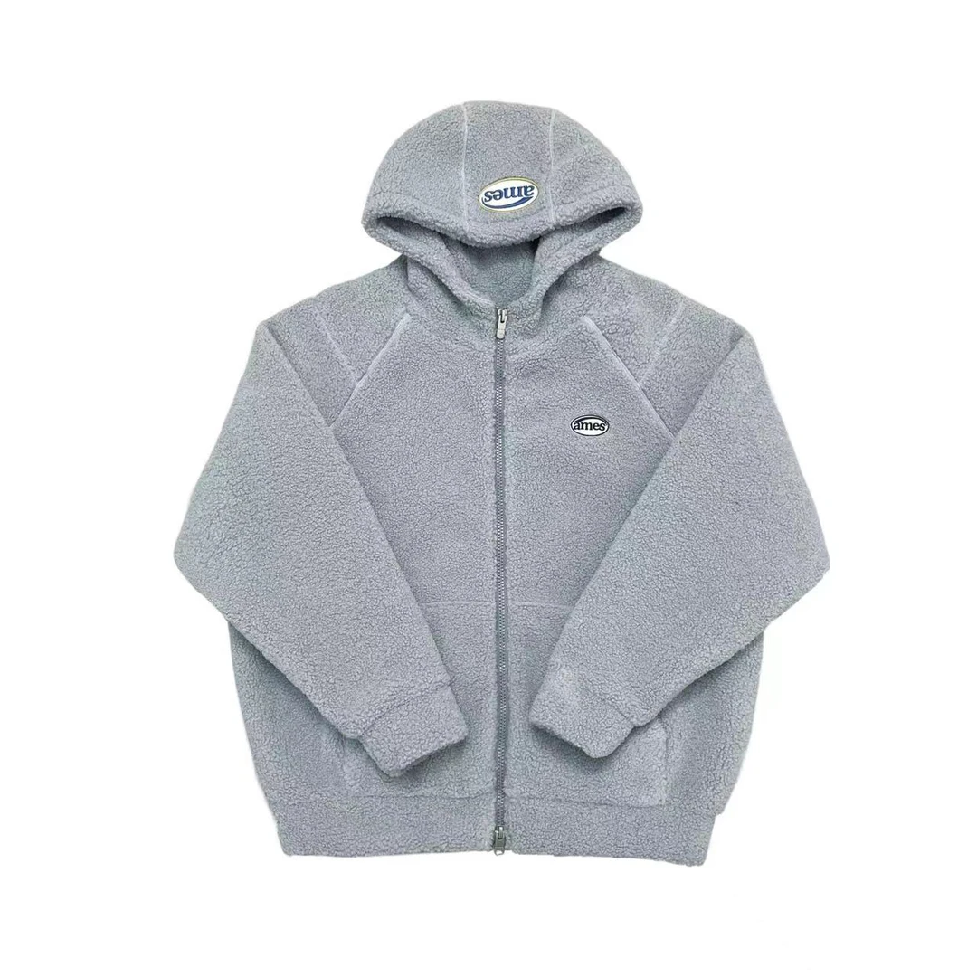 [MM+]灰色戴帽胸标AMES百搭时尚休闲保暖儿童毛毛外套（暖暖冬日)