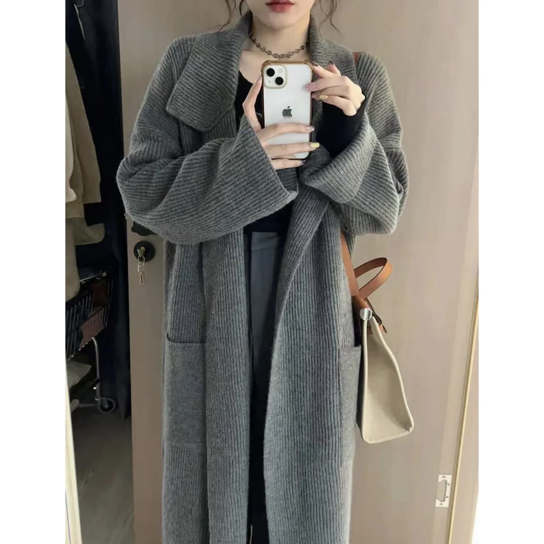 慵懒翻领针织开衫过膝中长款秋冬新款灰色毛衣外套女加厚宽松外套