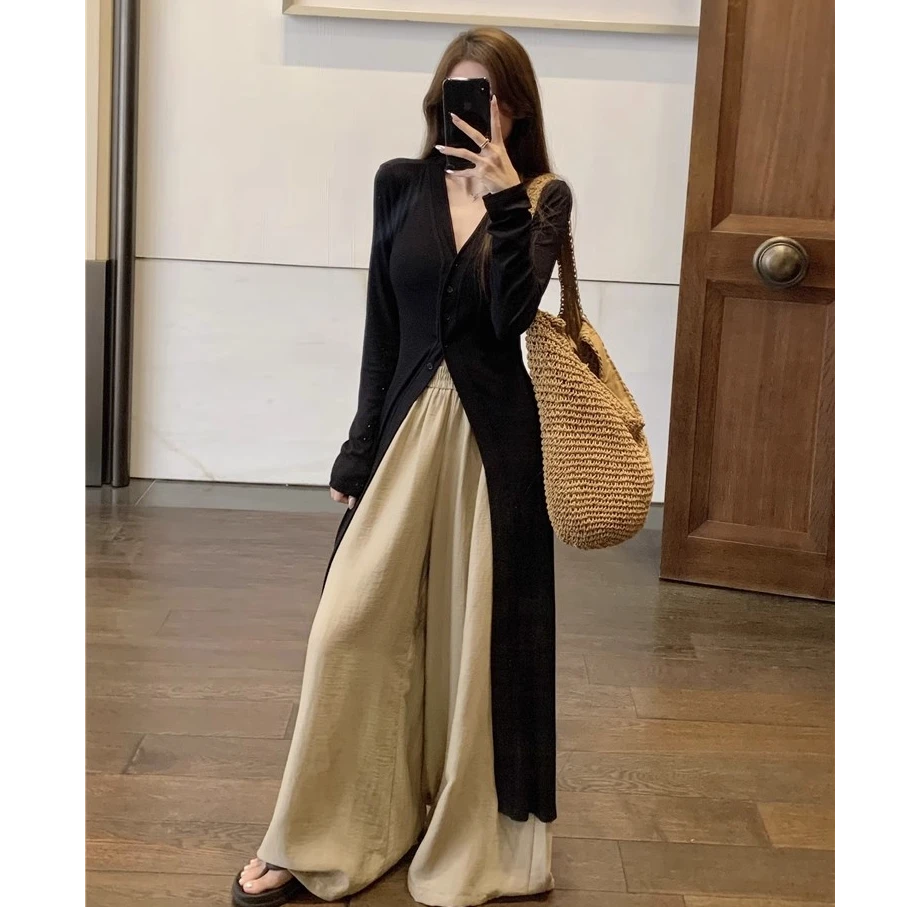 休闲套装女单排扣V领长款开叉上衣外套秋冬宽松百搭阔腿裤两件套