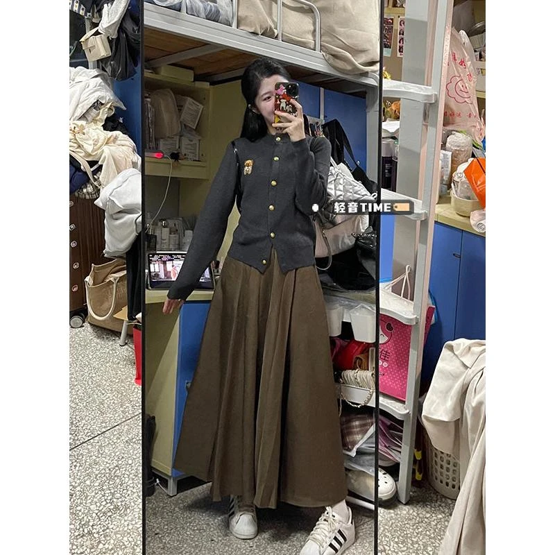 韩系小个子高腰A字梨形半身裙女秋冬季气质显瘦百褶学院风长裙子