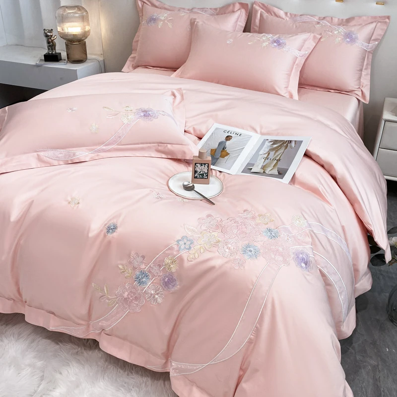 富安娜高档纯色简约刺绣轻奢欧式公主风被罩丝滑绣花全棉四件套4