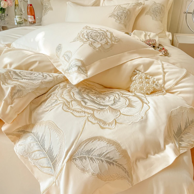 富安娜高档奢华刺绣被套棉质四件套全棉床单笠柔软亲印花丝家纺4