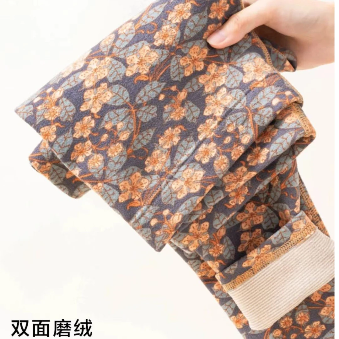 德绒女士高腰双面磨毛加裆宽松加肥加大保暖印打底裤花裤秋裤