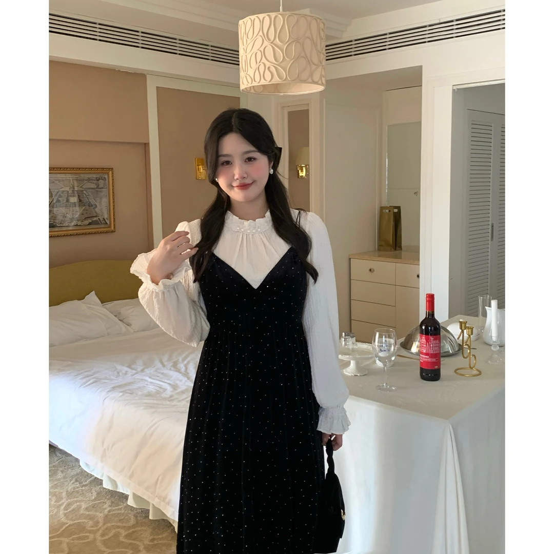 小葵微胖定制【满天星】秋冬收腰显瘦吊带丝绒女装连衣裙12234L8841