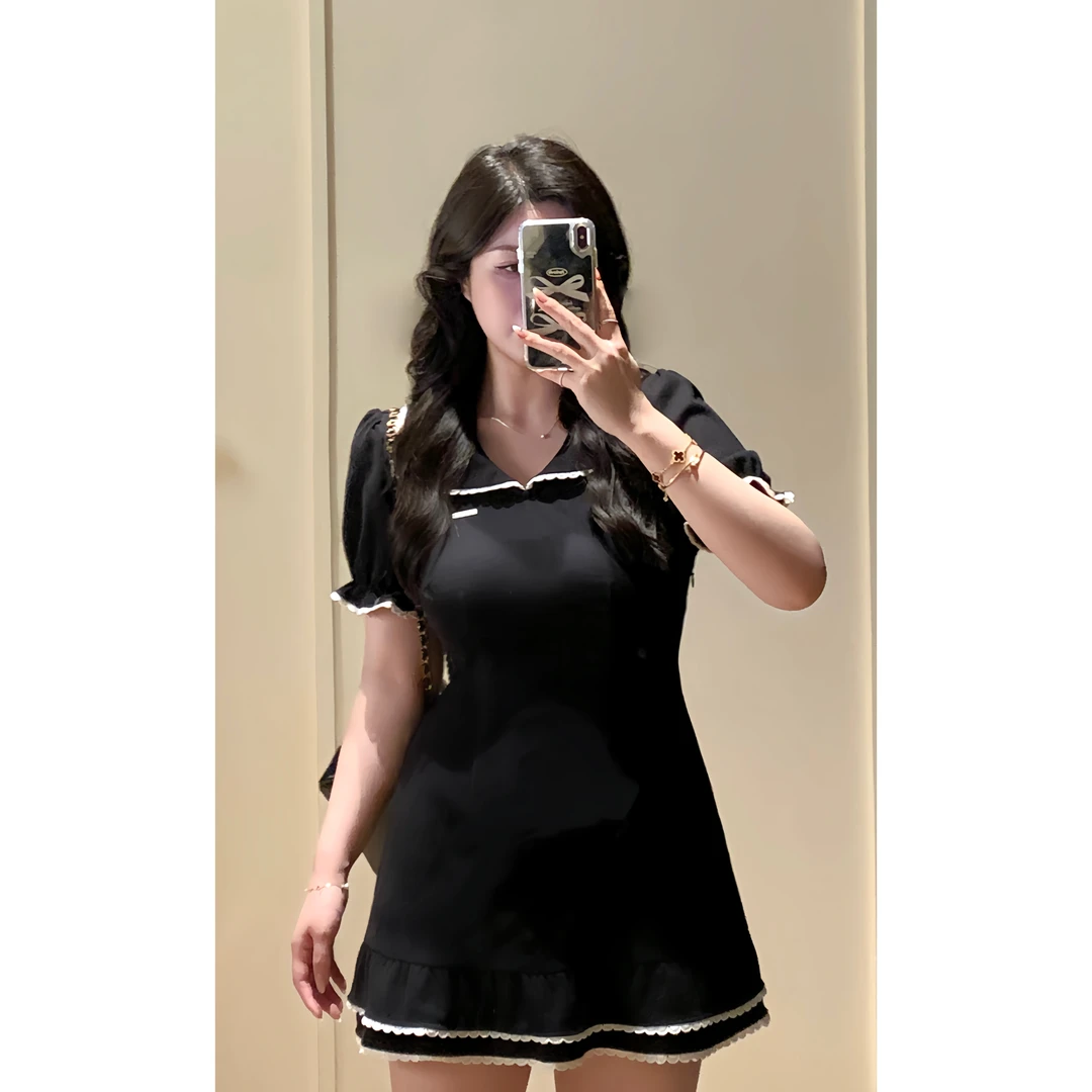 小葵微胖定制【美院新生】夏季法式撞色气质黑色连衣裙12241L7075