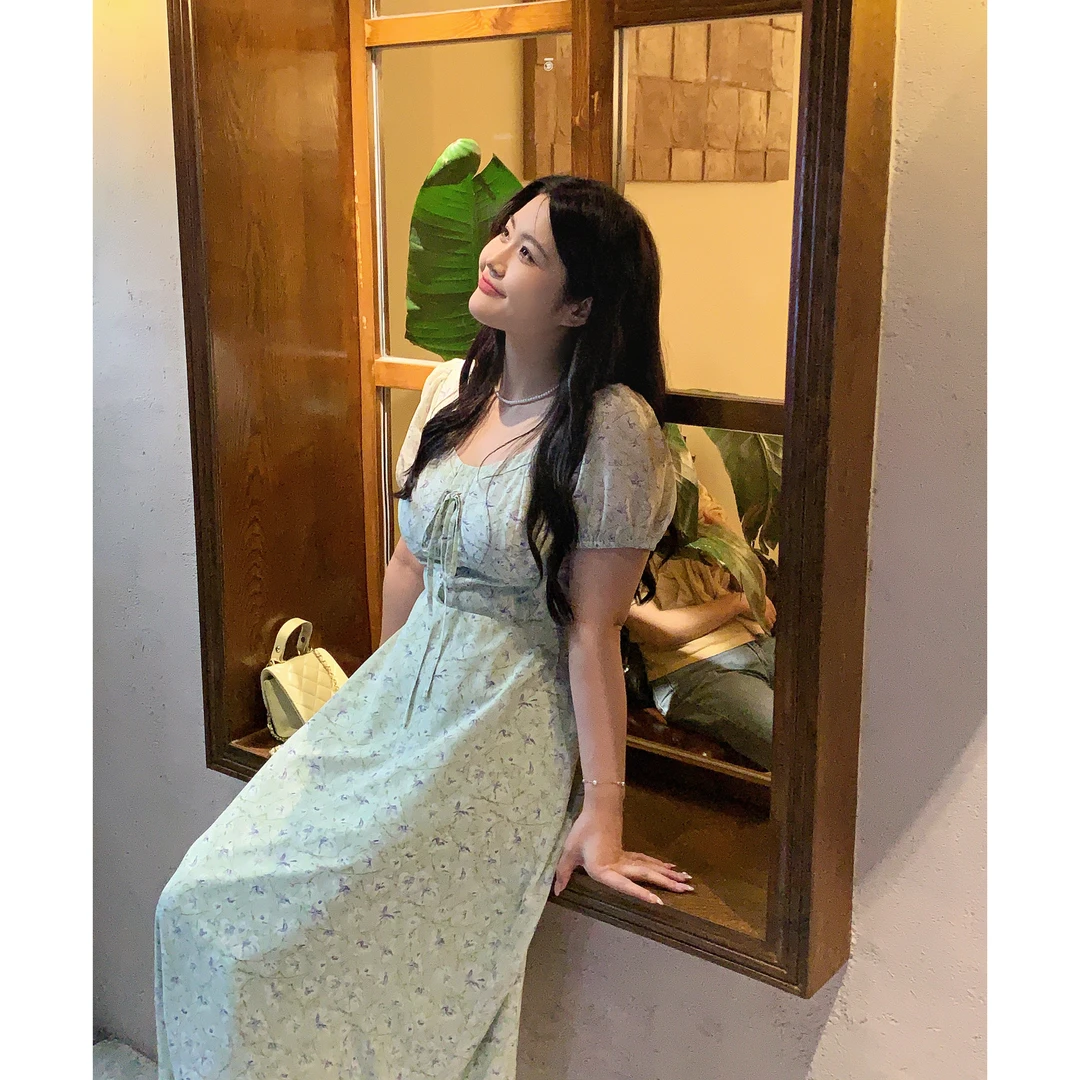 小葵微胖定制【小苍兰】夏清新绿柔情碎花高腰连衣裙12231L4966