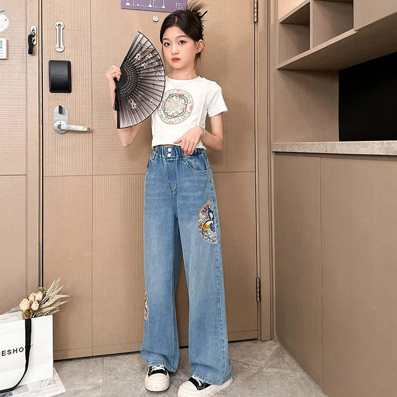 女童牛仔裤2024春夏新款洋气中大童宽松直筒国风刺绣儿童阔腿裤潮
