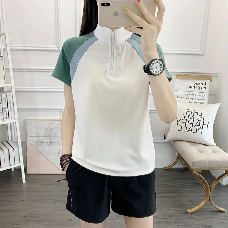 探序者新款冰丝短袖t恤女款夏季薄款透气凉感半拉链速干运动体恤