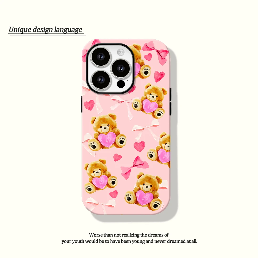 原创个性爱心小熊韩国菲林二合一苹果14手机壳适用iphone15promax