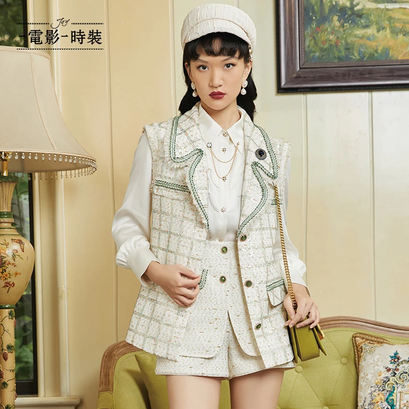 电影时装名媛小香风撞色边翻领格纹粗花呢百搭马甲女FC113A6072