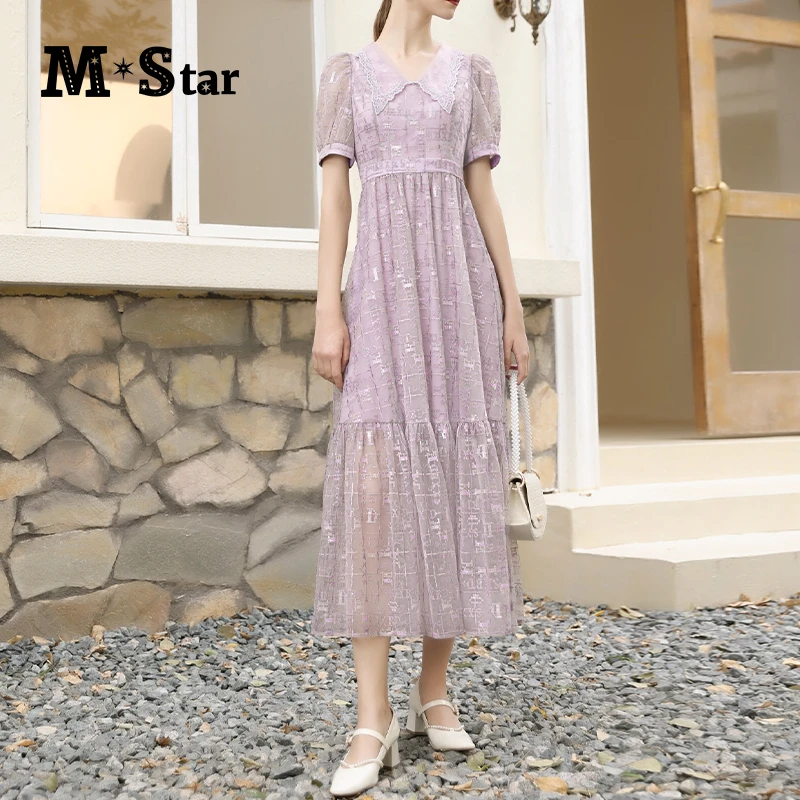 M-Star轻薄紫色翻领网纱女连衣裙显瘦裙子气质休闲时尚SCBL121319