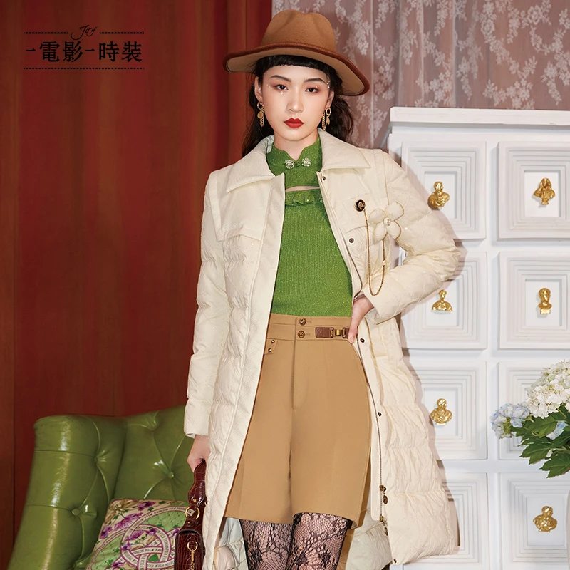 電影時裝珠片绣花小香风中长款保暖鹅绒热力感羽绒服FCDI141626