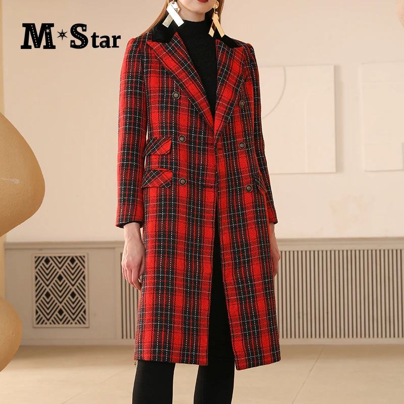 M-Star明星系列冬季中长款格子复古毛呢大衣  SA141B6603