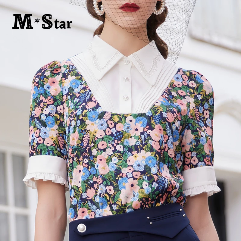 M-Star新款polo领拼接碎花女士衬衫上衣气质休闲时尚女SCBS131355