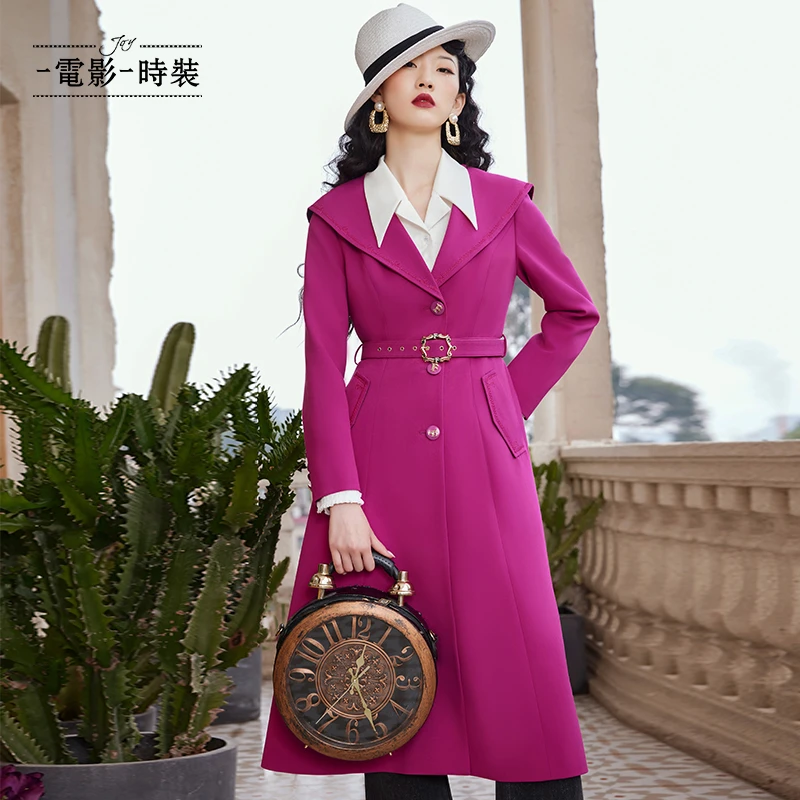 电影时装新款翻领刺绣过膝中长款风衣外套女士高档气质FEHG111560