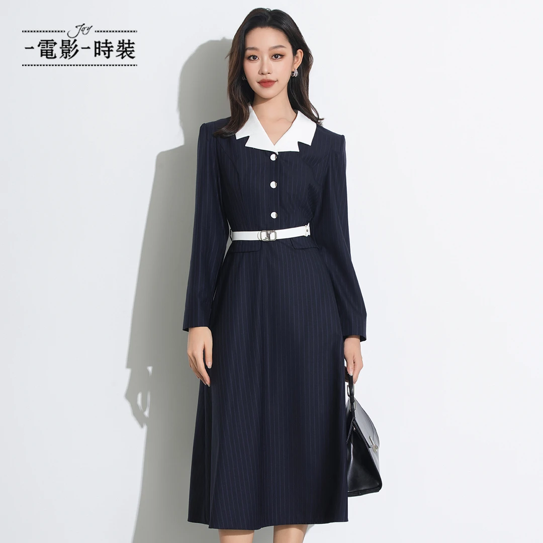 【电影时装】条纹翻领长袖连衣裙 FEKL132567