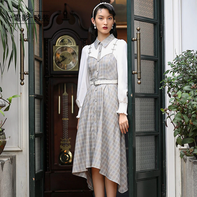 【芊芊专属】一电影一时装假两件格子连衣裙 FC114E4104