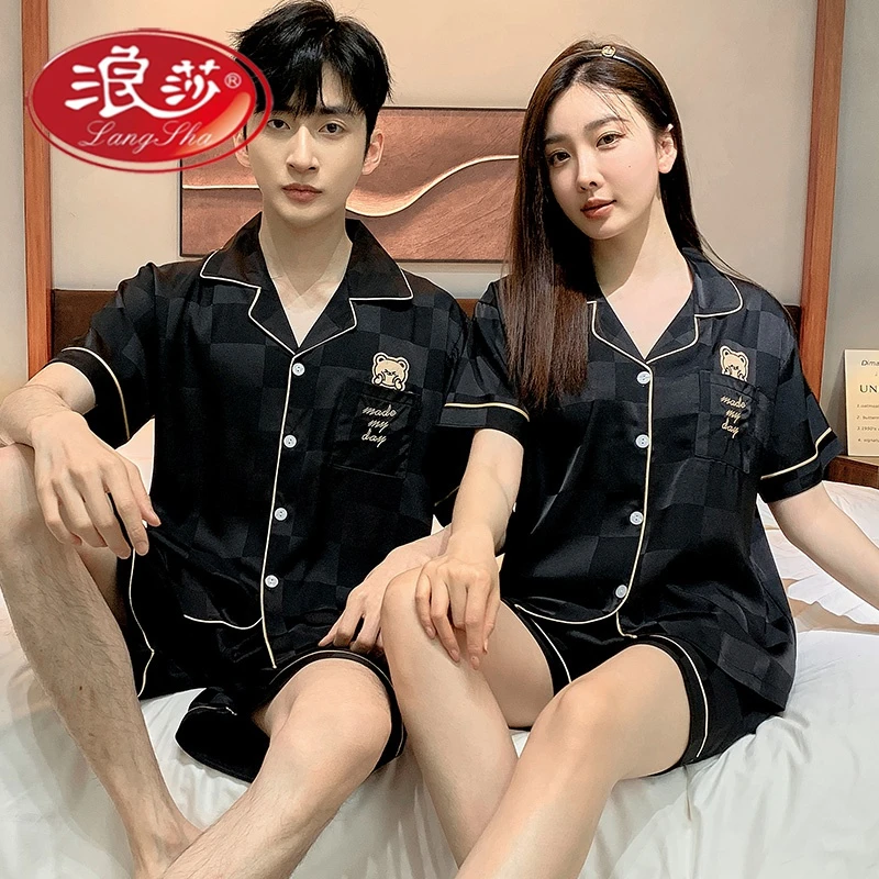 浪莎情侣睡衣女夏季薄款短袖短裤春夏男士冰丝开衫家居服套装宽松