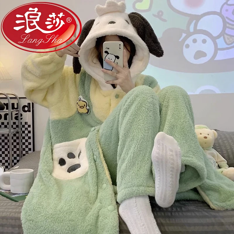 浪莎睡袍女士秋冬季2025新款珊瑚绒睡衣加绒加厚中长款家居服套装