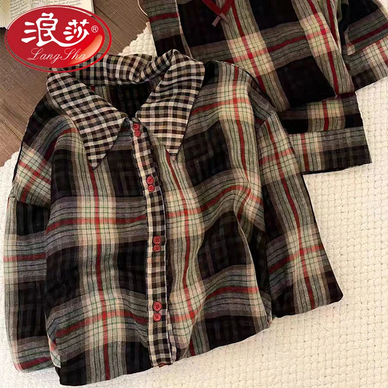 浪莎睡衣女士春秋季长袖开衫2025新款格纹网红高档大码家居服套装